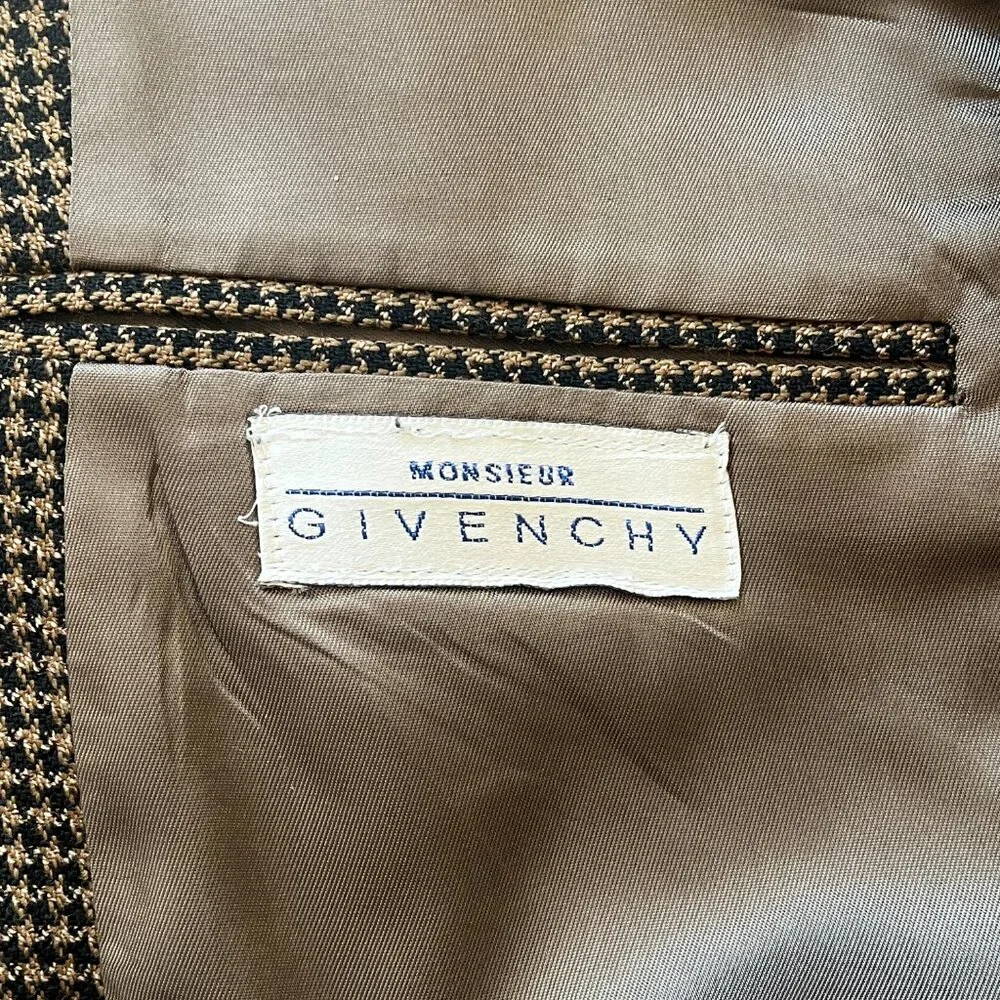 Vintage Men's Monsieur Givenchy Brown & Black Wool Houndstooth Blazer Jacket 44R